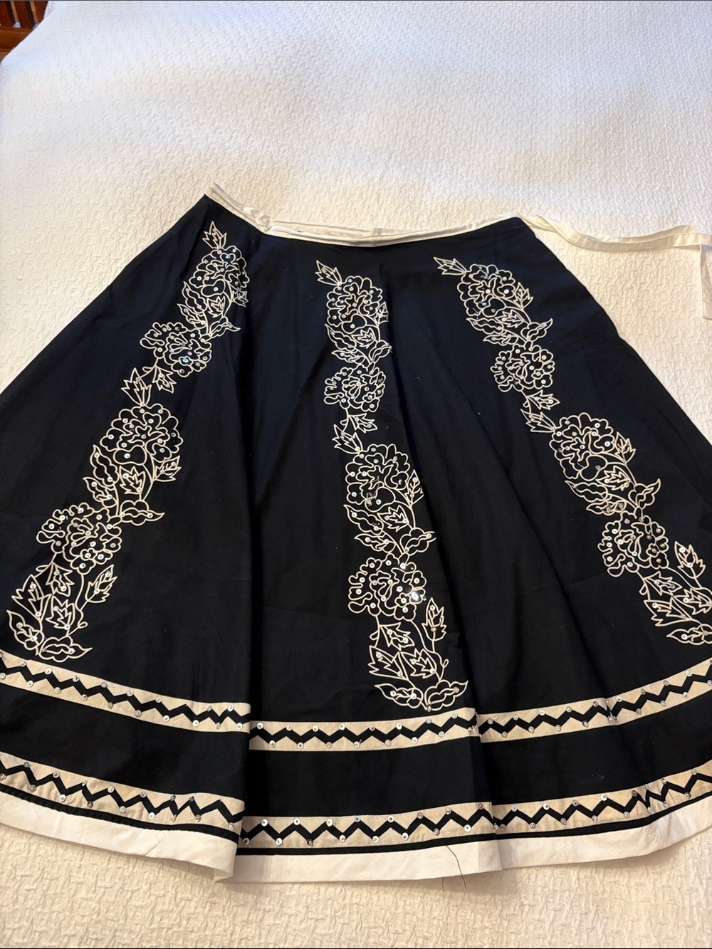 Papermoon Black Skater Skirt with White Floral Embroidery